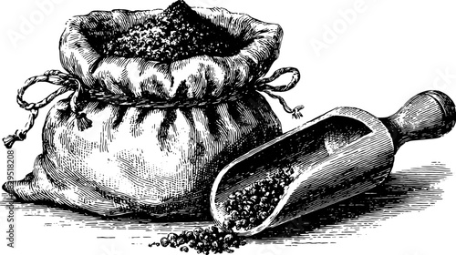 Bag of spices with a scoop. Antique hand-drawn illustration in black outline style, suitable for culinary vector art set.