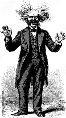 Vintage man character with a unique hairstyle in a comedic pose. This black and white vector illustration showcases an expressive figure with a suit.