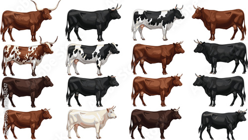 Collection of detailed cow illustrations in various breeds, colors, standing poses, farm animal vector set for agriculture design and livestock projects