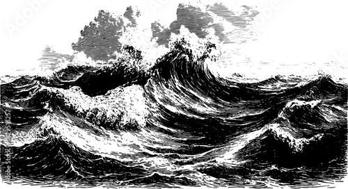 Ocean waves silhouette in an antique engraving style. Hand-drawn vector illustration capturing detailed texture and artistic essence.