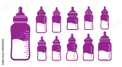 Group of baby bottle milk outlines. Monochrome vector illustration.

