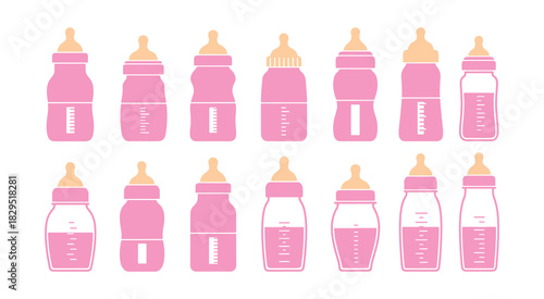 Collection of baby bottle milk shapes. Multicolor vector art.

