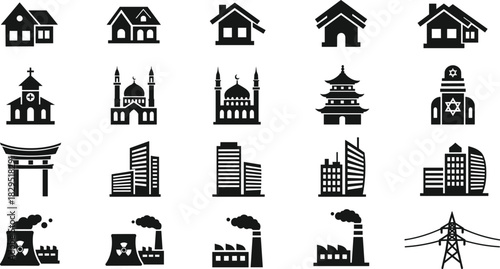 Collection of diverse building, religious temple, industrial factory, and power infrastructure icons in black silhouette style for design, illustration, and branding use