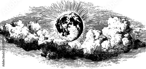 Moon and clouds illustrated in a vintage outline style. Black and white vector illustration featuring rays of sunlight.