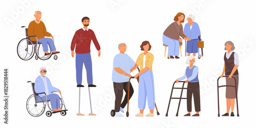 Diverse group of senior people with mobility aids and caregivers