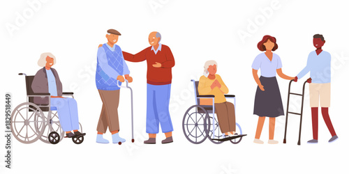 Senior people with disabilities and caregivers in a flat vector illustration