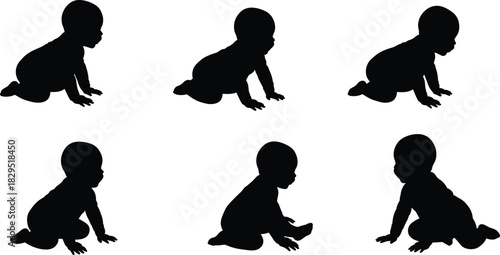 Vector Silhouette Set of Crawling and Sitting Babies or Infants, Showing Early Childhood Development, Growth, Movement, and Learning Stages Isolated on White