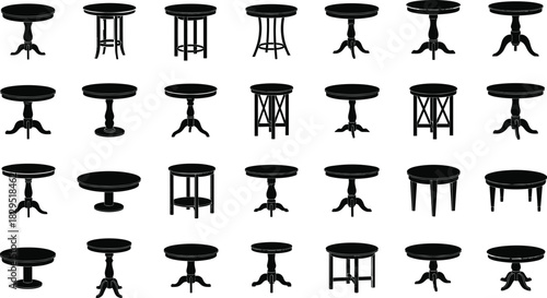 Collection of round table silhouettes in various classic furniture styles, black vector illustration set for design, decoration, interior and marketing projects