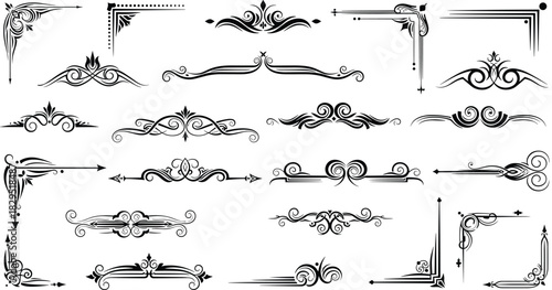 Collection of elegant vintage ornamental borders and decorative flourishes, classic corner elements, swirl dividers, vector design accents for invitations and branding