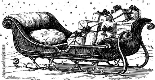 Vintage sleigh filled with wrapped gifts in a detailed engraving style. Classic winter scene with a festive vector illustration.