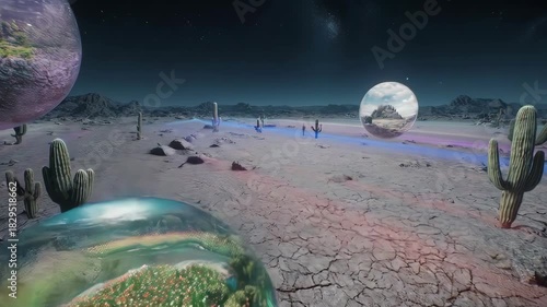 Floating spheres over a cracked desert landscape at night