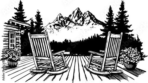 Antique engraving of rocking chairs on a wooden deck. Outdoor scene with mountains and trees in a vintage vector illustration set.