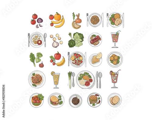 Top-View Food & Ingredients PNG Illustration Set