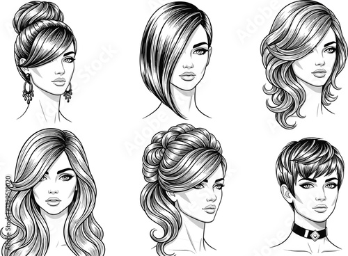 Elegant female hairstyle illustrations featuring diverse haircuts, stylish women portrait drawings, beauty salon design elements for fashion, hairdressing, and cosmetic artwork