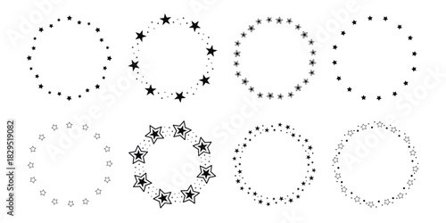Simple black round star frames. Set stars in circle create rim. Template of circular shapes with copy space of stars. Vector elements