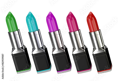 Five colorful lipsticks isolated on transparent background