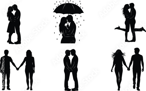 Romantic couple silhouettes in various love poses, holding hands, kissing, embracing, emotional relationship moments, affection scenes for creative design use