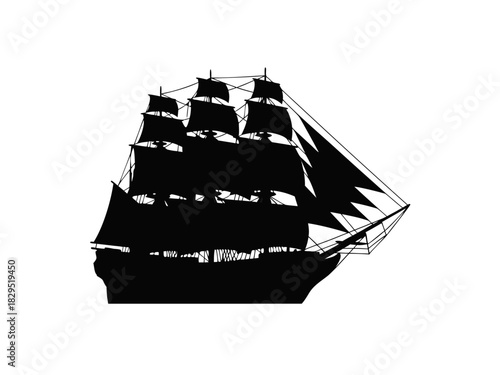 Elegant black silhouette of a majestic three-masted sailing ship, evoking a sense of historical adventure and maritime journey, perfect for a vintage nautical design or decorative emblem
