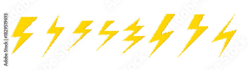 Set yellow pixel lightning bolt. Retro style. 8-bit lightning bolt graphic elements. Vector clip art. icons