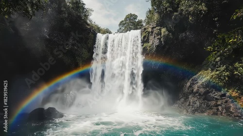 Waterfall with rainbow in lush forest