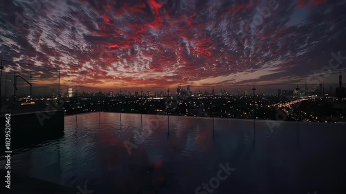 Rooftop pool at sunset reflecting vibrant clouds over a city skyline