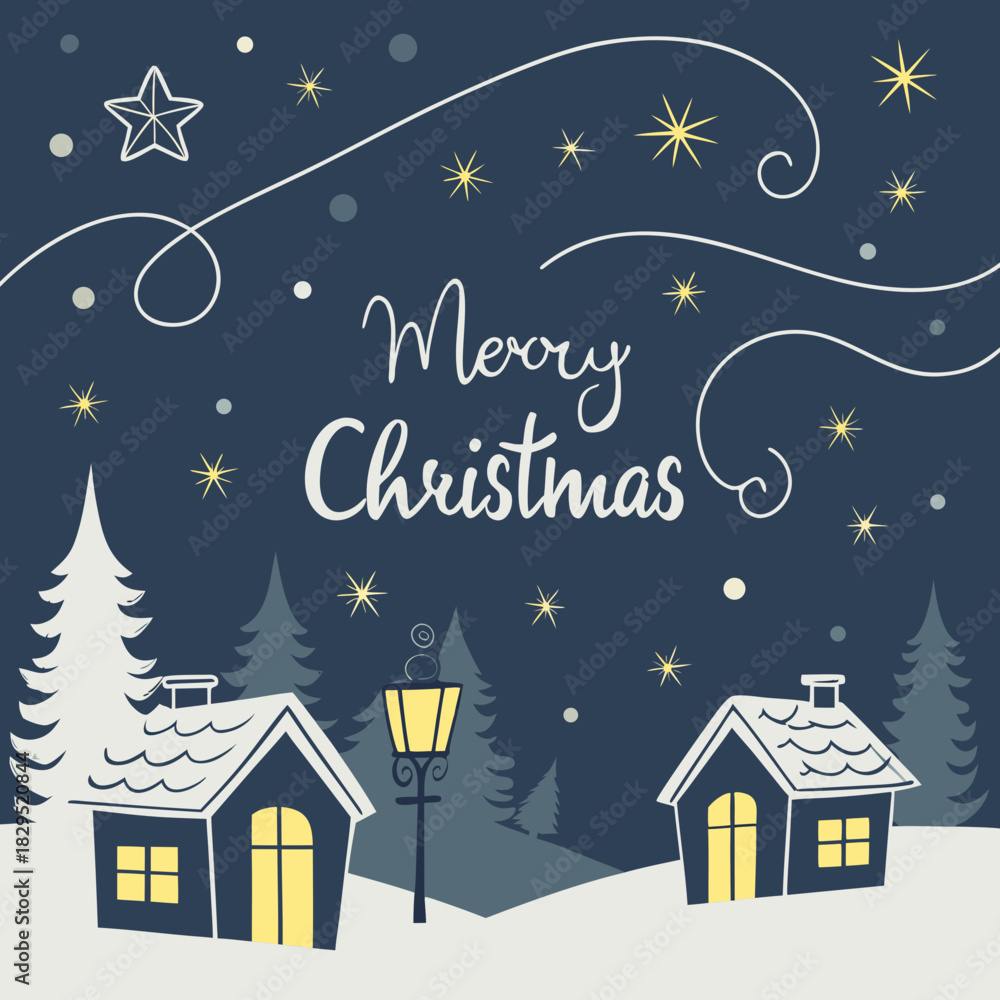 Naklejka premium Merry christmas greeting card with snowy winter landscape, houses, christmas tree, street lamp, star and snowflakes on dark blue background