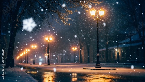 Snowy city street at night, illuminated by streetlights, winter urban landscape, snowy road, cityscape isolated on Transparent Background