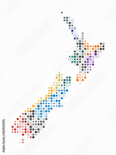 New Zealand, shape of the country build of colored cells. Digital style map of the New Zealand on white background. Small size rounded square blocks. Simple vector illustration.
