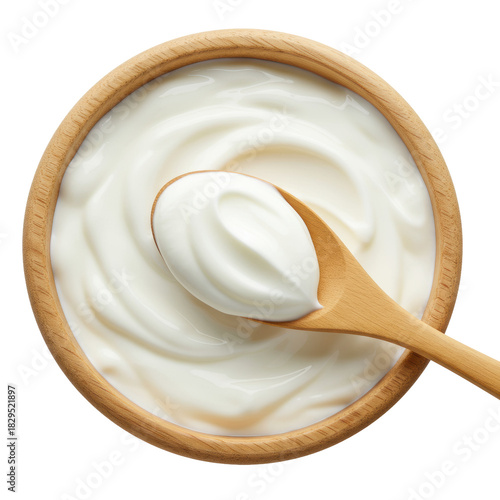 Creamy white Greek yogurt in a rustic wooden bowl with a matching spoon holding a dollop, isolated on a transparent background with soft studio light, minimalist purity concept for food
