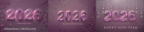 Three renders of happy new year with balloon numbers and decorative elements on a purple background