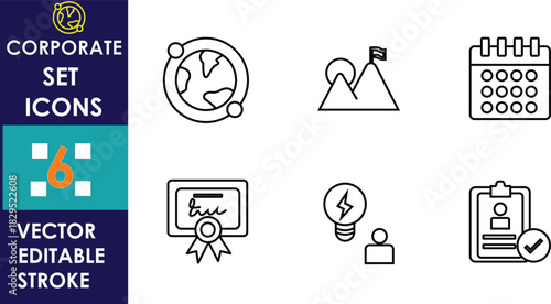 Clean corporate icon set featuring globe connectivity, mountain achievement, calendar planning, certification badge, creativity symbol, and user profile checklist in a simple editable stroke vector st