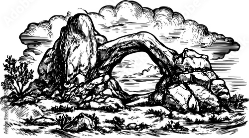 Antique engraving of a rocky archway in a detailed landscape. Vintage black and white vector illustration featuring clouds and natural scenery.