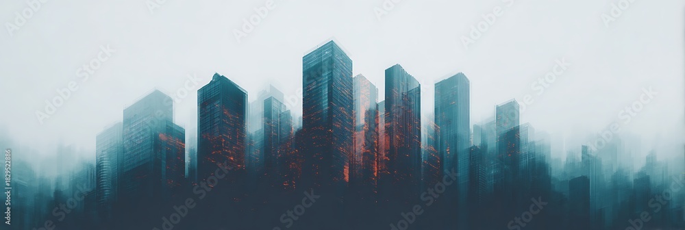 Obraz premium A misty city skyline with tall buildings partially obscured, creating a moody and atmospheric scene.