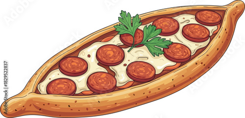 Illustration of a Turkish Pide (flatbread) With Cheese And Sliced Sausage, Isolated On White Background