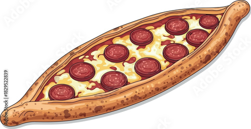 Illustration of a Turkish Pide (flatbread) With Cheese And Sliced Sausage, Isolated On White Background