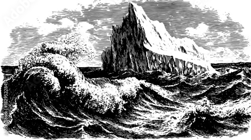 Antique engraving of an iceberg amidst ocean waves. Black and white vector illustration showcasing a vintage maritime set.