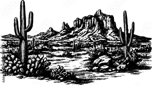 Cactus landscape in vintage engraving style. Black line drawing illustrating a southwestern desert scene, vector illustration.