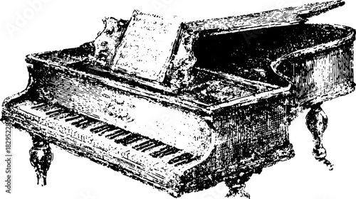 Vintage piano instrument featuring a keyboard and ornate design. Detailed vector illustration showcasing elegance in a classic style set.