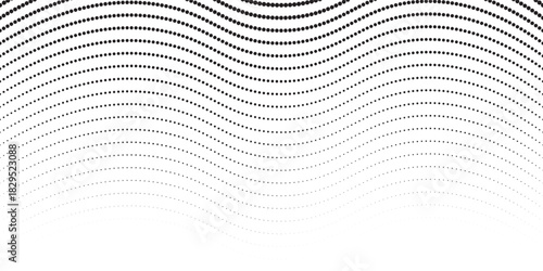 Flowing dots particles wave pattern 3D curve halftone black gradient curve shape isolated on white background. Vector in concept of technology, science, music, modern wave classic