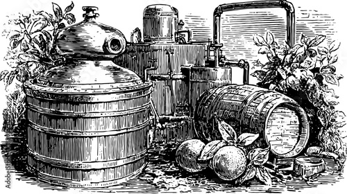 Vintage engraving of a distillery setup featuring barrels and copper equipment with leaves and fruit in a detailed vector illustration.