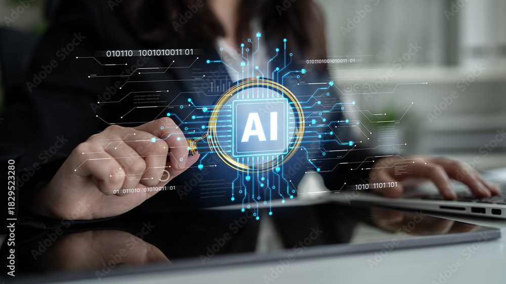 Naklejka premium AI Assistant Brain Processor with LLM Technology, Big Data, Machine Learning, Generative AI for Business Support, Future Agentic AI Technology and Artificial Intelligence Prompt Engineering. Spline