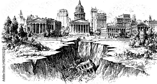 Antique engraving of a cityscape with buildings and geological cracks. This vintage vector illustration highlights architectural details and textures.