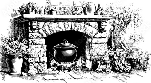 Vintage fireplace with a kettle. Hand-drawn vector illustration showcasing stone and plant decoration in a cozy kitchen set.