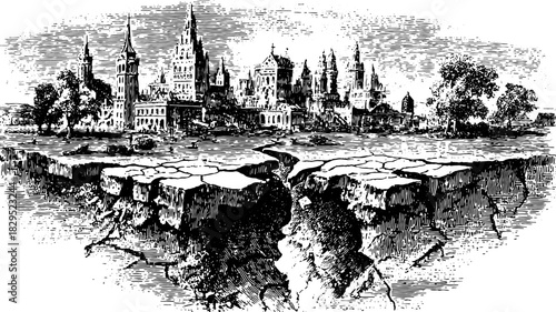 Engraving of a city skyline with intricate architecture. Vintage illustration showcasing a landscape with cracks in the ground, vector set.