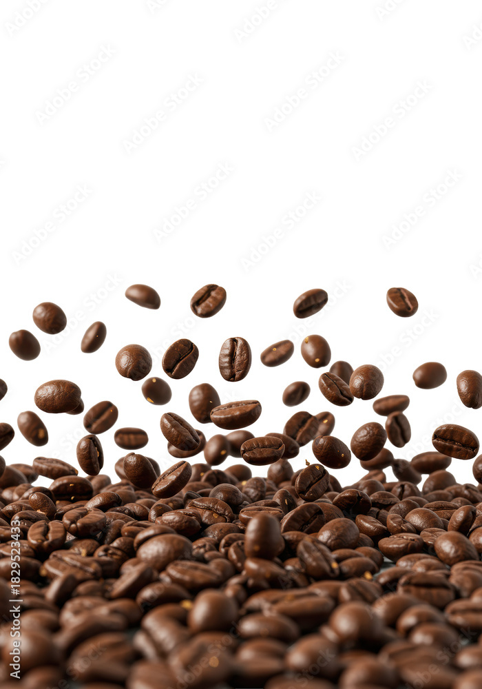 Obraz premium Oily, dark brown roasted coffee beans scattering dynamically, many suspended mid-air against transparent studio backdrop, sharp macro focus, energetic coffee advertising concept
