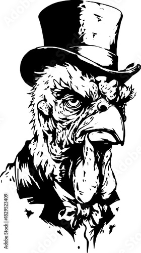 Vintage chicken illustration in engraving style. This black outline drawing showcases a noble rooster in a top hat and bowtie as a vector illustration.