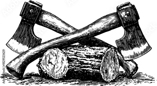Vintage crossed axes with a log in outline style. This retro illustration showcases craftsmanship and outdoor tools, featuring a distinct vector design.