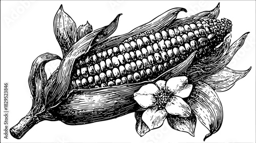 Corn illustration in black and white outline. Vintage vector drawing set showcasing the vegetable's details, leaves, and flower.
