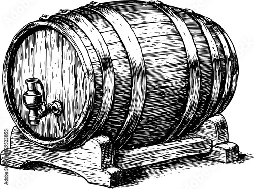 Vintage barrel illustration. Black and white outline drawing with detailed engravings in a realistic vector format set to highlight craftsmanship and traditional style.