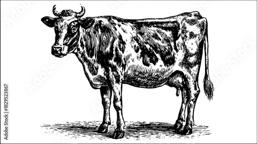Black and white outline of a cow in vintage engraving style, suitable for agricultural use. This detailed set of animal illustrations is a vector art piece.